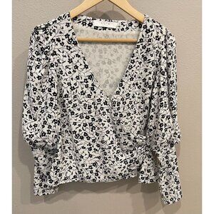 ASTR The Label Wrap Front Floral Blouse Medium Black Ivory Long Sleeves Career